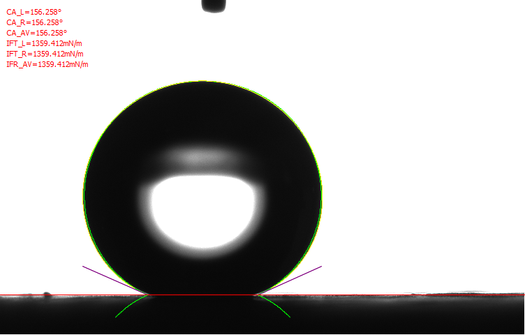 The image of the lotus leaf contact angle obtained using a contact angle goniometer.